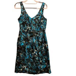 J. Crew 100% Silk Dress Womens 6 Blue Black White Abstract Print Pleated Pockets